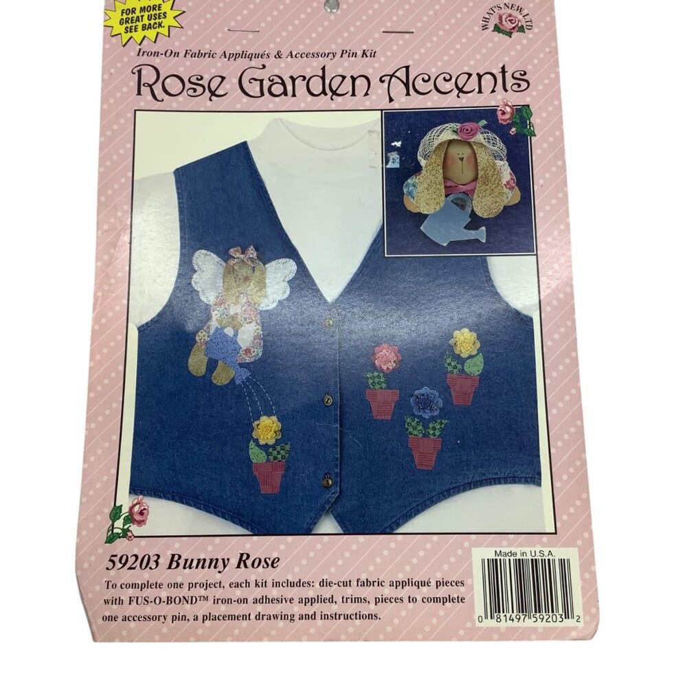 Vtg 1997 Rose Garden Accents Bunny Rose Iron-On Fabric Appliqué Kit What's New‎